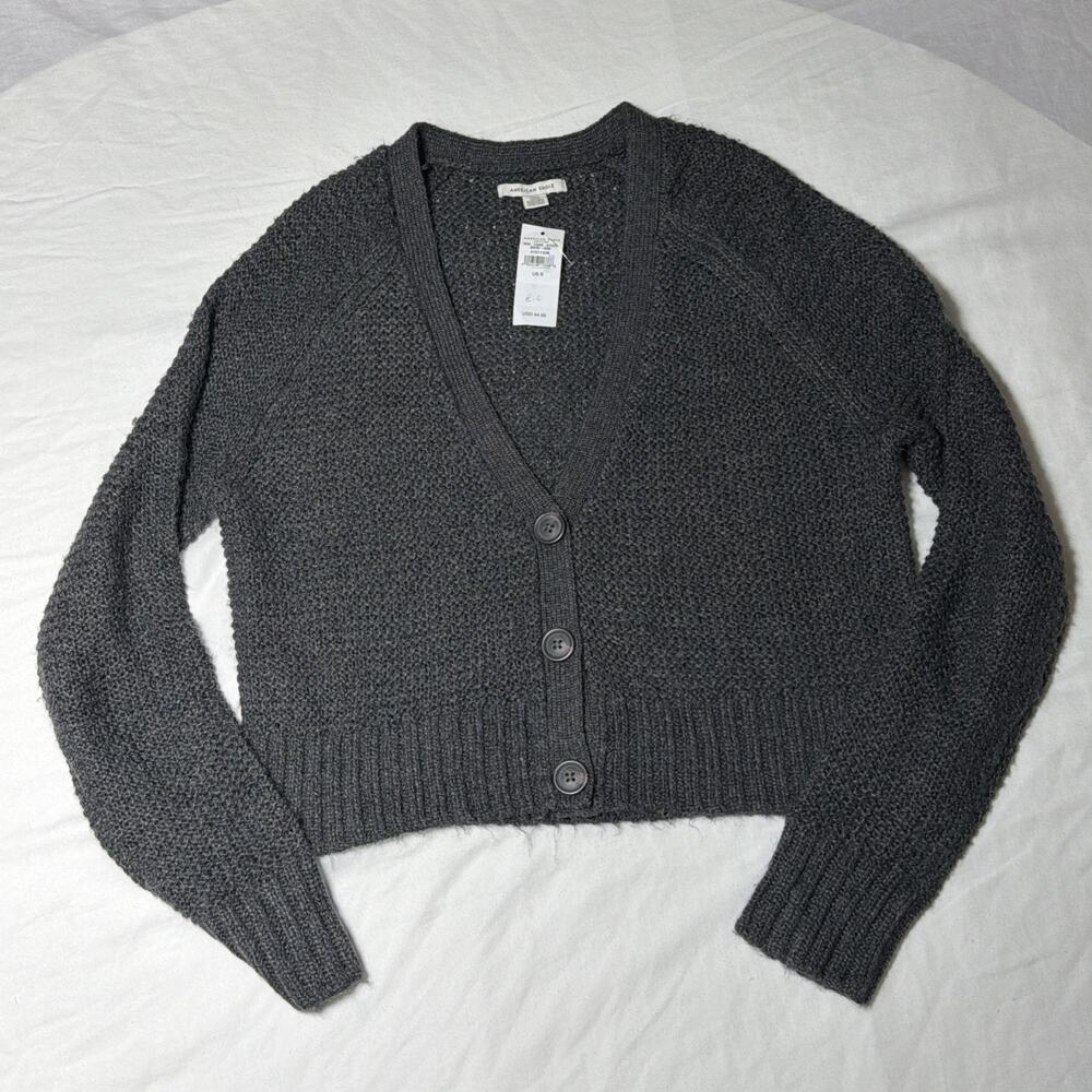 NWT American Eagle Cropped Open Knit Charcoal V Neck Cardigan- Size Small
